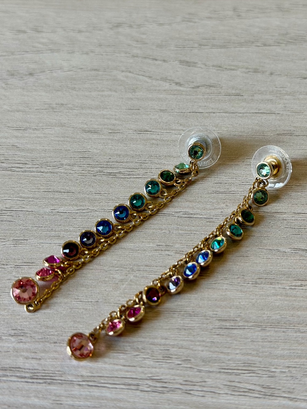 Swarovski - Gold Multicolor Rainbow Crystal Linear Drop Earrings - Picture 2 of 5